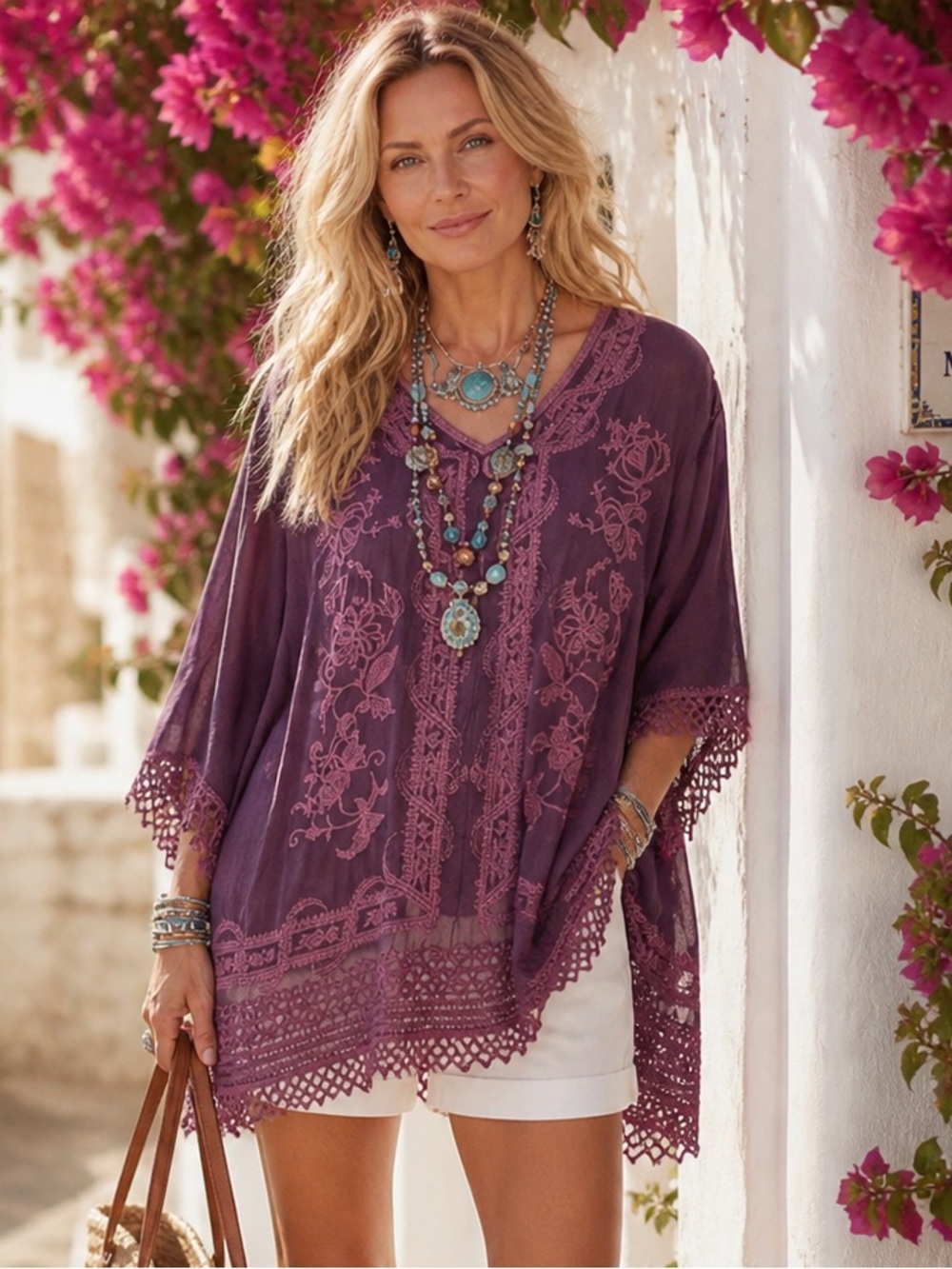 Johnny Was Embroidered Boho Tunic Top Lace Hem Sheer Burgundy / Brown Cover-up M